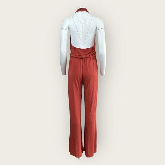 NWT | Krisa | Plunge Halter Flare Jumpsuit | Burnt Orange | Large - Picture 2 of 15